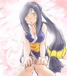 Rule 34 | 1girl, animal ears, aquaplus, black hair, branch, breasts, cat tail, cleavage, hair ribbon, hands on own knees, highres, kuon (utawarerumono), large breasts, long hair, looking at viewer, looking down, open mouth, ponytail, ribbon, tail, thighs, tree, utawarerumono, utawarerumono: itsuwari no kamen, white tail
