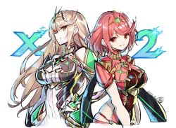 Rule 34 | 2girls, blonde hair, breasts, chest jewel, cleavage, cleavage cutout, clothing cutout, dress, large breasts, long hair, multiple girls, mythra (xenoblade), official art, pyra (xenoblade), red eyes, red hair, saitou masatsugu, short dress, short hair, swept bangs, very long hair, white dress, xenoblade chronicles (series), xenoblade chronicles 2, yellow eyes