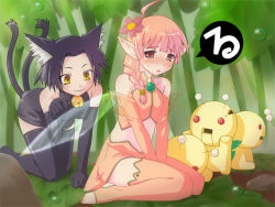 Rule 34 | 2girls, animal ears, bare shoulders, bell, black hair, cat ears, cat tail, fairy, jingle bell, multiple girls, multiple tails, nature, pink hair, pointy ears, red eyes, runrun soft, sleeveless, sleeveless turtleneck, tail, thighhighs, translation request, turtleneck, wings, yellow eyes, zettai ryouiki