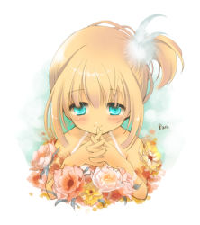 Rule 34 | 1girl, aqua eyes, bad id, bad pixiv id, bare shoulders, blonde hair, feather hair ornament, flower, hair ornament, interlocked fingers, original, own hands together, pan (mimi), side ponytail, smile, solo, upper body