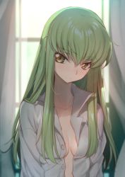 Rule 34 | 1girl, backlighting, blush, breasts, c.c., cleavage, closed mouth, code geass, collarbone, creayus, curtains, green hair, grey shirt, indoors, long hair, looking at viewer, medium breasts, naked shirt, no bra, open clothes, open shirt, shirt, solo, straight hair, unbuttoned, unbuttoned shirt, upper body, window, yellow eyes