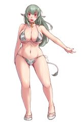 Rule 34 | 1girl, :d, animal ears, animal print, bell, neck bell, bikini, blush, breasts, cleavage, collar, cow ears, cow print, cow tail, curvy, full body, grey hair, groin, large breasts, long hair, looking at viewer, navel, open mouth, outstretched arm, purple eyes, rozen maiden, simple background, smile, solo, standing, suigintou, swimsuit, tail, tsuda nanafushi, white background, wide hips