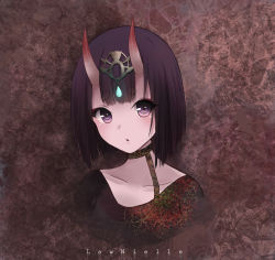 Rule 34 | 1girl, artist name, black choker, black shirt, brown background, choker, collarbone, commentary request, fate/grand order, fate (series), head tilt, headpiece, highres, horns, lawnielle, looking at viewer, oni, parted lips, purple eyes, purple hair, shirt, short eyebrows, short hair, shuten douji (fate), skin-covered horns, solo, thick eyebrows, upper body