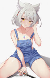 Rule 34 | 1girl, animal ear fluff, animal ears, bare shoulders, blue overalls, blush, breasts, cat ears, chest jewel, collarbone, flute, grey hair, highres, instrument, looking at viewer, medium breasts, mio (xenoblade), naked overalls, no bra, overall shorts, overalls, short hair, sideboob, smile, solo, strap slip, white background, xenoblade chronicles (series), xenoblade chronicles 3, yellow eyes, z-ki