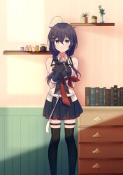 Rule 34 | 1girl, ahoge, black gloves, black hair, black shirt, blue eyes, blush, braid, closed mouth, commentary request, feet out of frame, fingerless gloves, flower, gloves, hair between eyes, hair flaps, hair over shoulder, highres, kantai collection, light smile, long hair, looking at viewer, necktie, red necktie, shigure (kancolle), shigure kai san (kancolle), shirt, single braid, sleeveless, sleeveless shirt, smile, solo, textless version, two-tone shirt, yukichi (eikichi)
