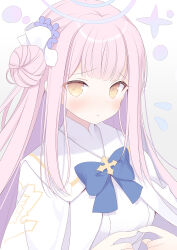 Rule 34 | 1girl, blue archive, blue bow, blue bowtie, blunt bangs, blush, bow, bowtie, breasts, capelet, flower, flying sweatdrops, frown, hair bun, hair flower, hair ornament, halo, hoshino koucha, index fingers together, long hair, looking at viewer, medium breasts, mika (blue archive), pink hair, shirt, shy, sidelocks, simple background, single side bun, solo, upper body, white background, white capelet, white shirt, yellow eyes