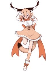 Rule 34 | 1girl, animal ears, blue eyes, bow, bowtie, caracal (kemono friends), cat ears, cat girl, cat tail, elbow gloves, extra ears, gloves, highres, kemono friends, long hair, looking at viewer, notora, orange hair, ribbon, shirt, shoes, simple background, skirt, sleeveless, sleeveless shirt, smile, socks, solo, tail