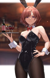 Rule 34 | 1girl, alcohol, animal ears, bar (place), bare shoulders, black leotard, black pantyhose, blurry, blurry background, blush, bottle, bow, bowtie, breasts, brown hair, cleavage, closed mouth, cowboy shot, cup, depth of field, detached collar, drinking glass, fake animal ears, hair ornament, hairclip, hairpin, hand on own hip, highres, higuchi madoka, holding, holding tray, idolmaster, idolmaster shiny colors, indoors, latex, latex leotard, leotard, looking at viewer, medium breasts, mole, mole under eye, pantyhose, photoshop (medium), playboy bunny, purple eyes, rabbit ears, red background, red bow, red bowtie, red eyes, red wine, short hair, solo, strapless, strapless leotard, tray, wine, wine bottle, wine glass, wrist cuffs, yoshimoto (carpsukidayo)