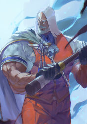 Rule 34 | 1boy, absurdres, ascot, beard, black gloves, blue brooch, blue eyes, broad shoulders, brooch, cape, cry sinkai, facial hair, formal, gloves, highres, holding, holding weapon, jewelry, jp (street fighter), looking to the side, medium hair, muscular, muscular male, mustache, old, old man, pants, red pants, red vest, shirt, street fighter, street fighter 6, twitter username, v-shaped eyebrows, vest, weapon, weapon request, white cape, white hair, white shirt