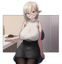 Rule 34 | 1girl, :d, arm support, armpit crease, bare arms, bare shoulders, black pantyhose, black skirt, blonde hair, bob cut, border, breasts, chair, commentary request, desk, dot nose, drawer, earrings, elf, eyebrows, eyes visible through hair, geso smith, glasses, green eyes, hair behind ear, hand on table, head tilt, high-waist skirt, high collar, highres, huge breasts, indoors, jewelry, looking at viewer, miniskirt, mole, mole under eye, computer mouse, mousepad (object), office, office chair, office lady, on chair, open mouth, original, outside border, pantyhose, parted bangs, pencil skirt, pointy ears, semi-rimless eyewear, shirt, shirt tucked in, short hair, sidelighting, silhouette, sitting, skirt, sleeveless, sleeveless shirt, sleeveless turtleneck, smile, solo, stud earrings, swivel chair, thick eyebrows, tsurime, turtleneck, under-rim eyewear, white border, white shirt