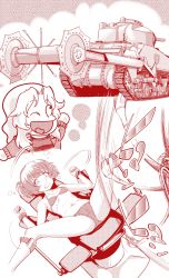Rule 34 | 2girls, ;d, alisa (girls und panzer), bra, breasts, chibi, commentary, constricted pupils, crotch seam, freckles, frown, girls und panzer, grimace, hair intakes, hair ornament, halftone, highres, jacket, kay (girls und panzer), long hair, lying, m4 sherman, military, military vehicle, mine flail, monochrome, motion blur, motion lines, motor vehicle, multiple girls, navel, on back, one eye closed, open clothes, open jacket, open mouth, panties, red theme, restrained, saunders military uniform, sherman crab, shirt, short hair, short twintails, small breasts, smile, spread legs, star (symbol), star hair ornament, tank, tearing up, twintails, underwear, underwear only, yoyokkun