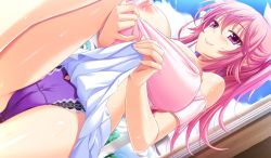 Rule 34 | 1girl, atelier kaguya, bare shoulders, blush, breasts, cameltoe, choco chip, clothes lift, cloud, esumi mei, game cg, huge breasts, legs, long hair, namaiki ~kissuisou e youkoso!~, nipples, no bra, panties, pink eyes, pink hair, ponytail, skirt, skirt lift, sky, smile, solo, thighs, underwear, upskirt