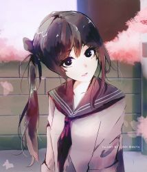 Rule 34 | 1girl, absurdres, aoi ogata, black eyes, black hair, cherry blossoms, collarbone, day, eyelashes, head tilt, highres, light rays, long hair, looking at viewer, neckerchief, original, outdoors, parted lips, red neckerchief, school uniform, serafuku, side ponytail, solo, upper body