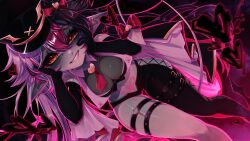 Rule 34 | 1girl, absurdres, black hair, bow, breasts, demon tail, elbow gloves, female goblin, gloves, goblin, grey hair, hat, heart, highres, indie virtual youtuber, large breasts, large ears, long hair, looking at viewer, midriff, multicolored hair, navel, necktie, pointy ears, pubic tattoo, shiki thaagul, smirk, solo, tail, tail bow, tail ornament, tattoo, teeth, thigh strap, two-tone hair, very long hair, virtual youtuber, xela fi, yellow eyes