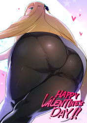 Rule 34 | 1girl, ass, bad id, bad pixiv id, bare shoulders, black pantyhose, blonde hair, blush, colored skin, creatures (company), dutch angle, english text, from behind, from below, game freak, green eyes, hair ornament, heart, highres, ikuchan kaoru, leaning forward, long hair, looking at viewer, looking back, lusamine (pokemon), multicolored skin, nintendo, pantyhose, pantylines, pokemon, pokemon sm, revision, smile, solo, standing, valentine