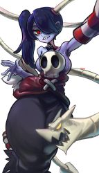 Rule 34 | 1girl, armpits, blue hair, blue skin, breasts, colored skin, detached collar, dress, hair over one eye, highres, large breasts, leviathan (skullgirls), looking at viewer, noblood (ryandomonica), red eyes, side ponytail, skullgirls, squigly (skullgirls), stitches, white background, zombie