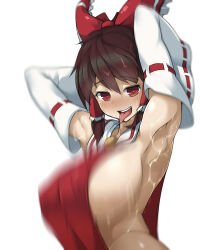 Rule 34 | 1girl, armpits, blush, bouncing breasts, breasts, cleavage, female focus, hakurei reimu, huge breasts, looking at viewer, nipples, no bra, open mouth, red eyes, sideboob, sinensian, solo, tongue, tongue out, touhou