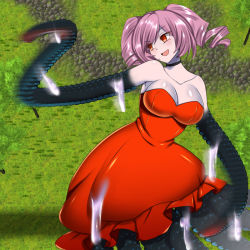Rule 34 | domination quest, dress, drill hair, monster girl, nunokai, official art, red dress, solo, tentacle hands