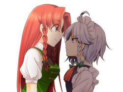 Rule 34 | 2girls, eye contact, female focus, hitomi (pixiv689377), hitomi (ricca), hong meiling, izayoi sakuya, long hair, looking at another, multiple girls, profile, embodiment of scarlet devil, touhou