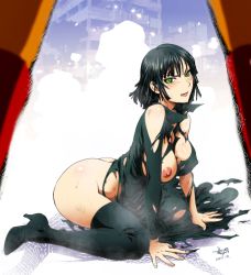 Rule 34 | 10s, 1boy, 1girl, 2015, ass, between legs, black footwear, black hair, black thighhighs, blush, boots, breasts, butt crack, clenched teeth, dated, fubuki (one-punch man), green eyes, high heel boots, high heels, kon-kit, large breasts, looking at viewer, nipples, one-punch man, saitama (one-punch man), short hair, signature, sitting, solo focus, teeth, thigh boots, thighhighs, torn clothes