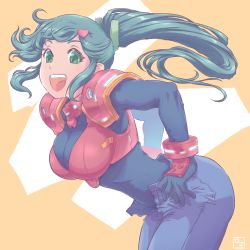 Rule 34 | 1girl, aleste, armor, bent over, blue pants, bodysuit, breasts, cleavage, from side, green eyes, green hair, hair ornament, heart, heart hair ornament, highres, impossible bodysuit, impossible clothes, kunugi yuri, large breasts, open mouth, pants, ponytail, procreate (medium), roma no fuhiga, sega, senjin aleste, shoulder armor, skin tight, smile, solo