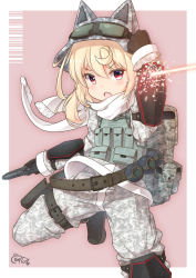 Rule 34 | 1girl, :o, absurdres, animal ears, animal hat, black footwear, black gloves, blonde hair, blush, boots, brown background, camouflage, camouflage headwear, camouflage jacket, camouflage pants, cat ears, cat hat, commentary request, coreytaiyo, explosive, fang, flandre scarlet, fringe trim, gloves, goggles, goggles on headwear, grenade, gun, hair between eyes, handgun, hat, highres, holding, holding gun, holding weapon, jacket, long hair, long sleeves, looking at viewer, open mouth, pants, red eyes, scarf, solo, sword art online, sword art online alternative: gun gale online, touhou, two-tone background, weapon, white background, white scarf