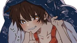 Rule 34 | 1boy, blanket, blush, brown eyes, brown hair, child, commentary, commentary request, commission, ferea bimi, holding, holding blanket, looking at viewer, male focus, original, red tank top, skeb commission, smile, tank top, teeth, translation request, under covers, white background