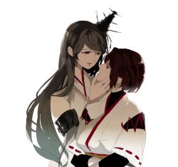 Rule 34 | 10s, 2girls, armband, black hair, bodysuit, breasts, brown hair, commentary request, detached sleeves, fusou (kancolle), hair ornament, hand on another&#039;s cheek, hand on another&#039;s face, hyuuga (kancolle), japanese clothes, kantai collection, kousetsu (nonosuke), large breasts, long hair, looking at another, multiple girls, nontraditional miko, open mouth, red eyes, shadow, short hair, sidelocks, sketch, smile, white background, wide sleeves, yuri