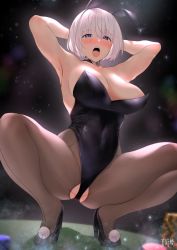 Rule 34 | 1girl, animal ears, armpits, arms up, blush, breasts, brown pantyhose, casino, chips (food), cleavage, collar, crotch cutout, crotch seam, fake animal ears, food, high heels, highleg, highleg leotard, highres, karinto yamada, large breasts, leotard, looking at viewer, open mouth, original, pantyhose, playboy bunny, poker chip, rabbit ears, short hair, skin tight, skindentation, solo, squatting, squatting cowgirl position, thighhighs, tongue, tongue out, white hair