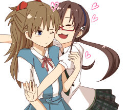 2girls :3 blush brown_hair closed_eyes glasses hairband heart hug long_hair makinami_mari_illustrious michigan multiple_girls neon_genesis_evangelion orange_hair rebuild_of_evangelion school_uniform souryuu_asuka_langley yuri