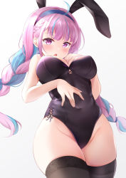 Rule 34 | 1girl, :o, ahoge, animal ears, bare arms, bare shoulders, black thighhighs, blue hair, blush, braid, breasts, commentary request, covered navel, cowboy shot, from below, grey background, groin, hololive, leotard, long hair, looking at viewer, minato aqua, multicolored hair, nikoo, open mouth, pink eyes, playboy bunny, rabbit ears, simple background, skindentation, solo, teeth, thighhighs, upper teeth only, virtual youtuber