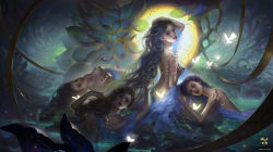 Rule 34 | 4girls, armlet, bare shoulders, blue eyes, blue hair, bottomless, bracelet, breasts, cave, chinese commentary, circle, diamond (shape), facial mark, fairy, fairy wings, fantasy, gyxycn, hand in another&#039;s hair, hand on own head, jewelry, long hair, looking at viewer, medium breasts, mermaid, monster girl, multiple girls, oasis, original, partially submerged, smile, teeth, triangle print, underground, upper teeth only, water, wings