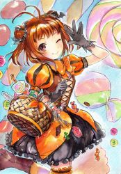 Rule 34 | 1044kiro, 10s, 1girl, absurdres, antenna hair, basket, black gloves, brown eyes, brown hair, candy, double bun, gloves, halloween, highres, kantai collection, looking at viewer, naka (kancolle), one eye closed, smile, solo, thighhighs, traditional media