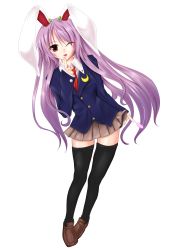 Rule 34 | 1girl, absurdres, animal ears, black thighhighs, blazer, female focus, finger to mouth, fule, full body, highres, jacket, loafers, long hair, necktie, one eye closed, open mouth, purple hair, rabbit ears, red eyes, red necktie, reisen udongein inaba, shoes, skirt, smile, solo, standing, thighhighs, touhou, transparent background, very long hair, wink, zettai ryouiki