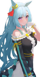 Rule 34 | 1girl, animal ears, black dress, blue hair, blush, braid, breasts, closed mouth, commentary, cowboy shot, crown braid, dress, frilled dress, frills, gloves, hand on own cheek, hand on own face, highres, horse ears, horse girl, horse tail, light blue hair, long hair, looking at viewer, medium breasts, mejiro ardan (umamusume), off-shoulder dress, off shoulder, purple eyes, sasahara kugui, simple background, single sleeve, smile, solo, tail, umamusume, white background, white gloves