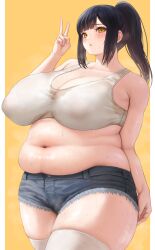 Rule 34 | 1girl, blush, border, breasts, cleavage, covered erect nipples, denim, denim shorts, eyelashes, fat, female focus, freckles, huge breasts, looking at viewer, midriff, mil k vanilla, navel, obese, open mouth, original, plump, shorts, skindentation, smile, solo, standing, steam, steaming body, sweat, thick thighs, thighhighs, thighs, v, white border, white thighhighs, wide hips, yellow background, yellow eyes, zettai ryouiki