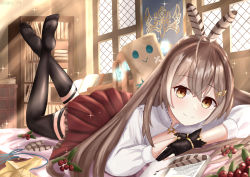 Rule 34 | 1girl, bag, black thighhighs, book, book stack, bookshelf, brown capelet, brown cloak, brown corset, brown hair, capelet, cloak, closed mouth, corset, feather hair ornament, feathers, friend (nanashi mumei), gloves, hair ornament, hato 74, hololive, hololive english, indoors, legs up, long hair, looking at viewer, lying, nanashi mumei, on stomach, paper bag, partially fingerless gloves, pleated skirt, ponytail, red skirt, skirt, smile, thighhighs, virtual youtuber, window, yellow eyes