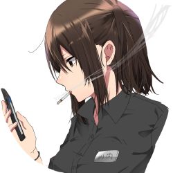 Rule 34 | alternate costume, black shirt, brown eyes, brown hair, cellphone, character name, cigarette, collared shirt, hair between eyes, holding, holding phone, kantai collection, looking at phone, mouth hold, name tag, phone, profile, rinto (rint rnt), sendai (kancolle), shirt, short hair, sidelocks, simple background, smartphone, smoke, smoking, solo, twintails, upper body, white background, wing collar, wristband