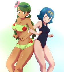 Rule 34 | 2girls, ass-to-ass, ass press, black one-piece swimsuit, blue eyes, blue hair, breasts, cleavage, creatures (company), dark-skinned female, dark skin, eyelashes, game freak, gold hairband, green eyes, green hair, groin, hairband, highres, lana (pokemon), large breasts, locked arms, looking at viewer, lying, mallow (pokemon), medium breasts, multiple girls, navel, nintendo, on side, one-piece swimsuit, pokemon, pokemon sm, robert m, short hair, smile, swept bangs, swimsuit, tongue, tongue out, trial captain, twintails