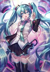 Rule 34 | 1girl, :d, absurdres, ahoge, aqua eyes, aqua hair, aqua nails, aqua necktie, bad id, bad pixiv id, bare shoulders, black thighhighs, breasts, cowboy shot, detached sleeves, hatsune miku, headphones, highres, long hair, long sleeves, looking at viewer, maruchi, nail polish, necktie, open mouth, revision, shirt, sleeveless, sleeveless shirt, small breasts, smile, solo, thighhighs, twintails, very long hair, vocaloid, wide sleeves