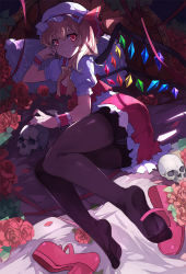 Rule 34 | 1girl, bad id, bad pixiv id, bed sheet, black pantyhose, blonde hair, blush, artistic error, fang, fang out, feet, flandre scarlet, flower, gang, hat, legs, looking at viewer, lying, mary janes, nail polish, on side, panties, panties under pantyhose, pantyhose, pillow, red eyes, red flower, red rose, rose, shoes, unworn shoes, short hair, side ponytail, skull, smile, solo, thighs, toes, touhou, underwear, wings, wrist cuffs, wrong foot, zhuxiao517