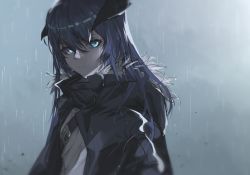 Rule 34 | 1girl, arknights, black jacket, blue eyes, blue hair, cheonyeon-hi, commentary, demon horns, fur-trimmed hood, fur trim, hair between eyes, hood, hood down, horns, jacket, long hair, looking at viewer, mostima (arknights), open clothes, open jacket, outdoors, rain, shirt, sketch, solo, strap, upper body, white shirt