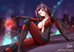 Rule 34 | 1girl, adsouto, black gloves, blurry, blurry background, bodysuit, breasts, building, card, cleavage, collarbone, elbow gloves, gloves, grin, hair intakes, hair ornament, hairpin, highres, holding, holding card, izayoi aki, large breasts, leaning back, looking at viewer, navel, night, open bodysuit, open clothes, outdoors, petals, pilot suit, red bodysuit, red hair, short hair with long locks, sidelocks, sitting, smile, solo, unzipped, v-shaped eyebrows, watermark, web address, yellow eyes, yu-gi-oh!, yu-gi-oh! 5d&#039;s