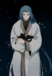Rule 34 | 2boys, absurdres, animal, black background, black cat, blue eyes, blue hair, cat, fermium.ice, grey robe, highres, holding, holding animal, holding cat, long hair, long sleeves, luo xiaohei, luo xiaohei (cat), luo xiaohei zhanji, multiple boys, robe, smile, upper body, very long hair, wide sleeves, wuxian (the legend of luoxiaohei)