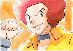 Rule 34 | 1boy, afro, bangle, bracelet, choker, collared shirt, commentary request, creatures (company), flint (pokemon), game freak, grey choker, grey eyes, grin, hand up, highres, jewelry, looking at viewer, male focus, nintendo, oka mochi, orange background, outline, parted lips, pokemon, pokemon dppt, red hair, shirt, smile, solo, thumbs up, traditional media, upper body, yellow shirt