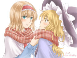 Rule 34 | 2girls, alice margatroid, blonde hair, blue eyes, blush, capelet, dated, eye contact, eyelashes, female focus, hairband, hat, hat ribbon, jacket, kirisame marisa, lolita hairband, long hair, long sleeves, looking at another, multiple girls, nip to chip, plaid, plaid scarf, ribbon, scarf, shared clothes, shared scarf, short hair, simple background, touhou, white background, witch hat, yellow eyes, yuri