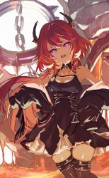 Rule 34 | 1girl, absurdres, arknights, bare shoulders, belt, belt buckle, black belt, black coat, black collar, black dress, black thighhighs, breasts, buckle, cleavage, coat, collar, commentary, cowboy shot, demon girl, demon horns, dress, fa2 (etu831), hair between eyes, hands on own hips, highres, horns, long hair, looking at viewer, medium breasts, lava, monster, off shoulder, open clothes, open coat, open mouth, purple eyes, red hair, solo, spaghetti strap, surtr (arknights), teeth, thighhighs, upper teeth only, v-shaped eyebrows, very long hair