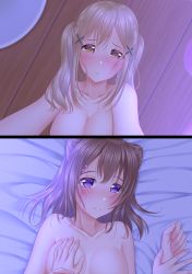 Rule 34 | 2girls, artist request, bang dream!, bare shoulders, bed, blonde hair, blush, grabbing another&#039;s breast, breasts, cleavage, collarbone, couple, grabbing, hair ornament, highres, ichigaya arisa, indoors, large breasts, long hair, multiple girls, nude, on bed, out-of-frame censoring, purple eyes, sex, smile, tagme, toyama kasumi, twintails, yellow eyes, yuri