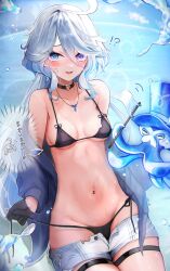 Rule 34 | !?, 1girl, @ @, ahoge, bikini, black bikini, black gloves, blue eyes, blue hair, blush, breasts, choker, clothes pull, commentary request, embarrassed, furina (genshin impact), genshin impact, gentilhomme usher, gloves, grey hair, groin, hair between eyes, half gloves, heart, heart choker, highres, jacket, light blue hair, long hair, long hair between eyes, looking at viewer, micro shorts, multicolored hair, navel, off shoulder, open clothes, open jacket, open mouth, sanada nagi, shorts, shorts pull, small breasts, swimsuit, thigh strap, untied bikini bottom, water, wet, white shorts