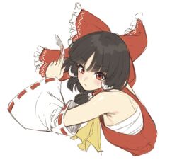 Rule 34 | 1girl, bandages, bare shoulders, black hair, bow, chest sarashi, commentary request, detached sleeves, hair bow, hair tubes, hakurei reimu, long hair, long sleeves, looking at viewer, ranma (kamenrideroz), red bow, red eyes, red shirt, sarashi, shirt, simple background, solo, touhou, upper body, white background